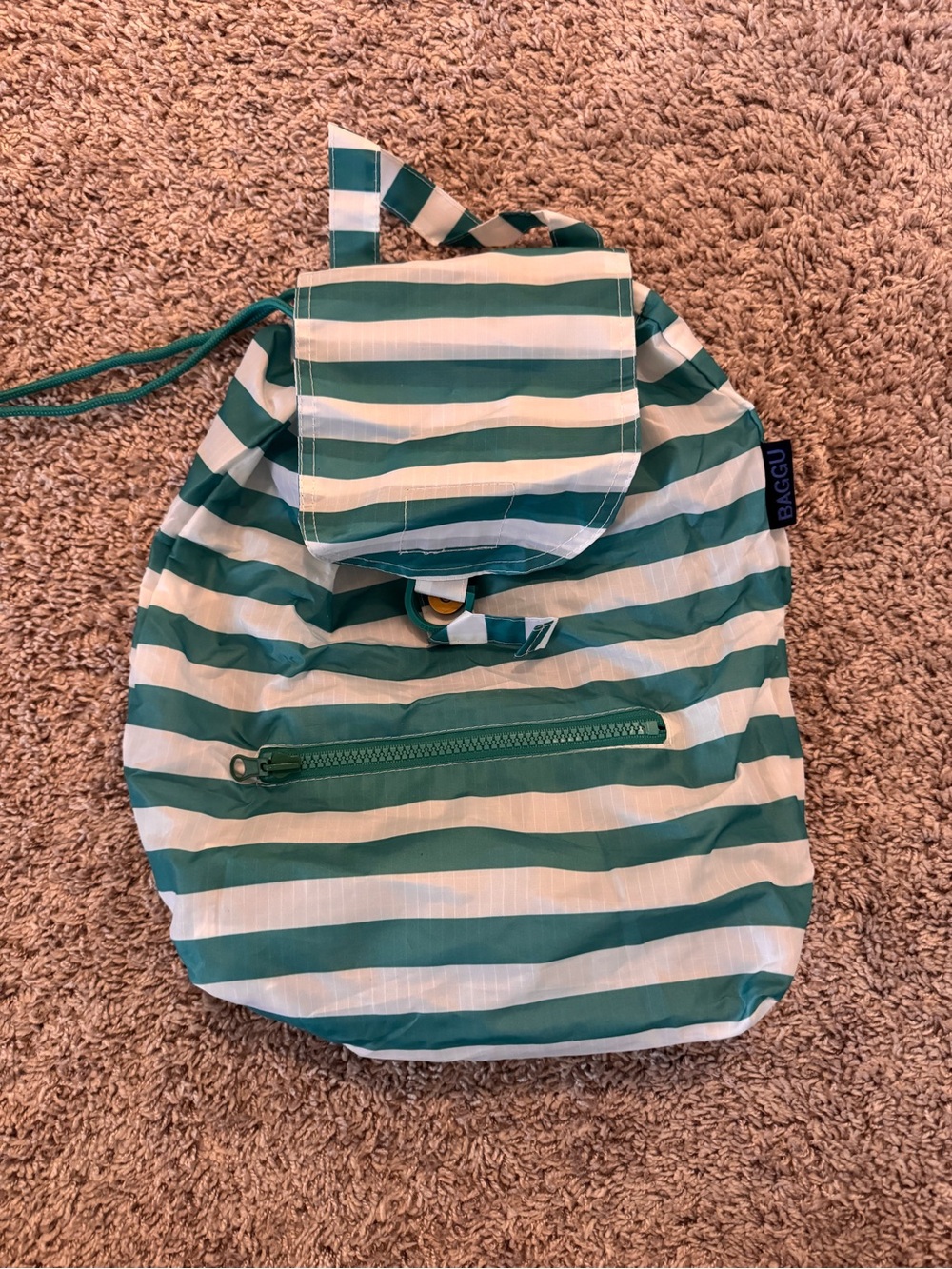 BAGGU Teal & White Striped Drawstring Backpack